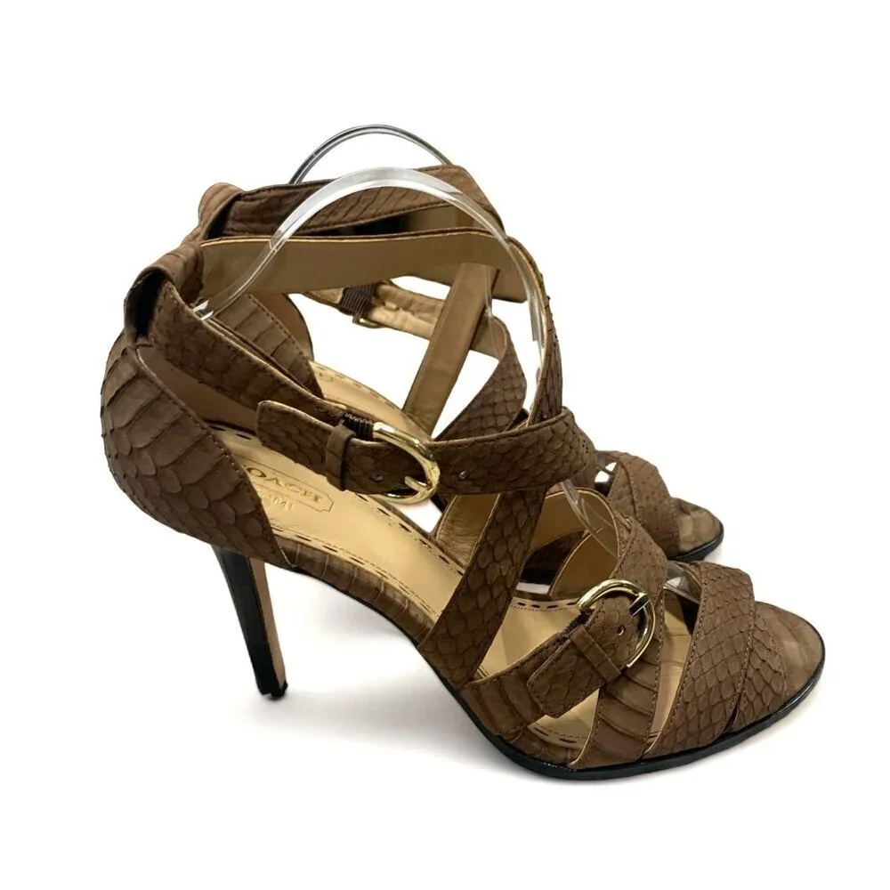 COACH Fawn Strappy Sandals Stiletto Heel Brown Snakeskin Print Leather Sz 9.5 B